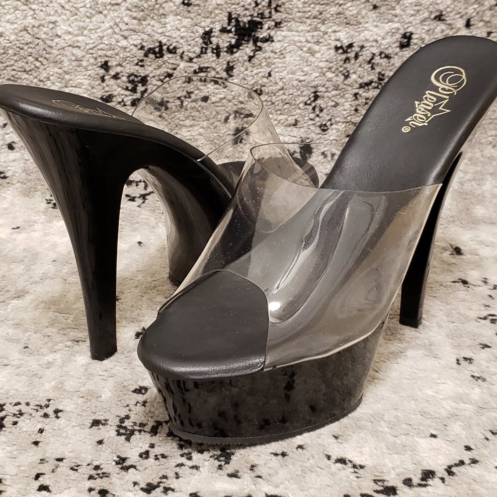 Pleaser Kiss-201 Black Gloss and Clear Exotic Mule Heels Size 13 / 12